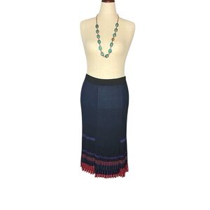 KENZO Paris Rib Knit Pleated  A-line Black/Blue/Cranberry Midi Skirt M/L